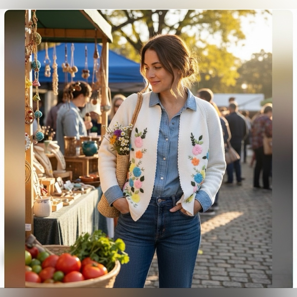 70s Vintage White Cardigan with Colorful Floral Embroidery